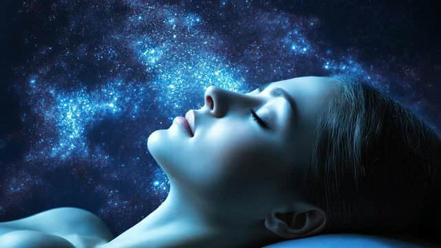 A woman is sleeping in a blue sky with stars