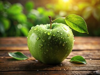 Fresh Green Apple with Dew Drops on Rustic Surface in Soft Sunlight - Nature's Beauty, Healthy Lifestyle, Organic Produce, Refreshing Fruit, Natural Light, Summer Vibes