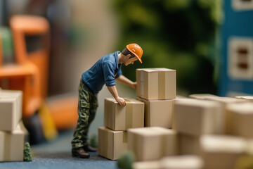 Miniature Worker Handling Cardboard Boxes in a Warehouse