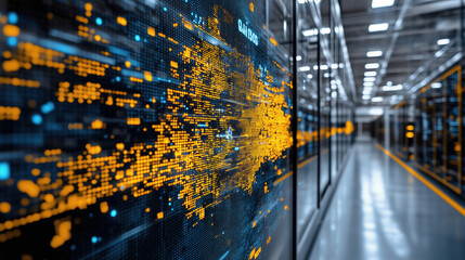 Advanced data processing and visualization inside a high-tech server room at twilight. Generative AI