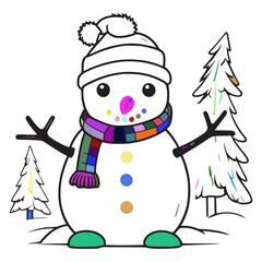 A cartoon snowman is standing in front of two christmas trees. The snowman has a striped scarf around his neck and a hat on his head.