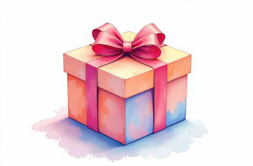 Obraz premium Watercolor painted box with bows, gifts for celebration. Template, elements for greeting cards, invitation, poster, celebration, banner, print, party.