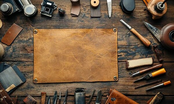 Leatherworking tools arranged around a blank leather piece.