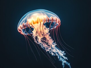 A mesmerizing jellyfish floats in dark water, its bell glowing with an ethereal light.  Intricate tentacles trail below, showcasing its beauty.