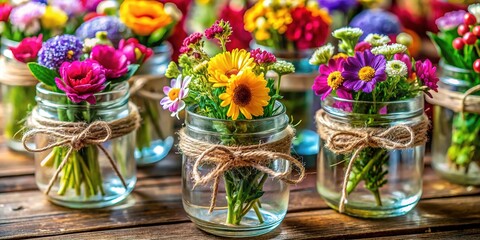 Candid shots of string-tied plastic flowers in glass pots.