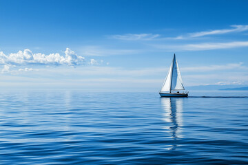Fototapeta premium Calm ocean with a sailboat gliding across the horizon. Generative AI