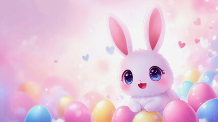 Fototapeta premium A delightful easter rabbit with big eyes and pink ears sits happily among vibrant pastel eggs.