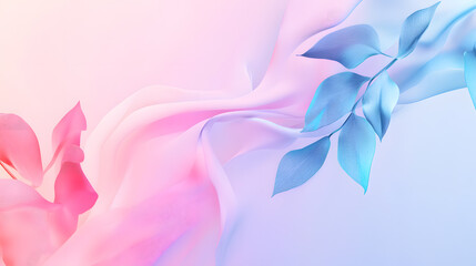 Fototapeta premium Elegant Abstract Background with Soft Pink and Blue Hues Featuring Flowing Fabric and Green Leaves for Creative Design and Artistic Projects