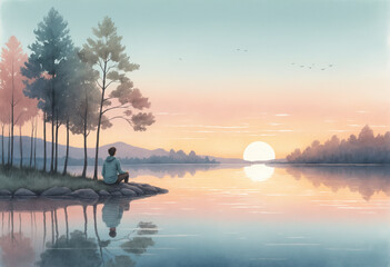 Man reflecting by lake at serene sunset