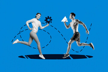 Creative collage picture young sportsman woman run intense exercise practicing cogwheel gear paper airplane athlete efficiency optimization