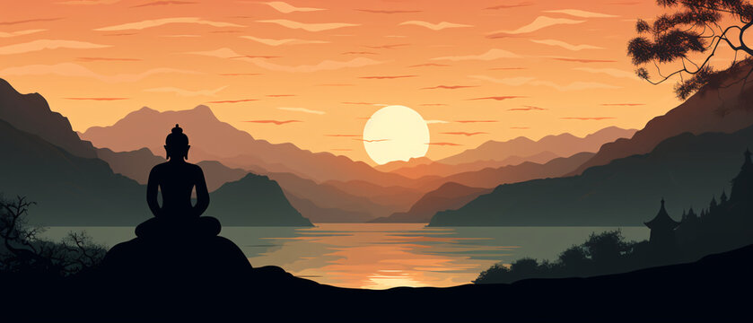 A serene background landscape featuring a silhouette of Buddha, capturing a peaceful and meditative atmosphere against a calming backdrop.

