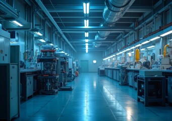Industrial workshop filled with machinery and tools during early morning hours
