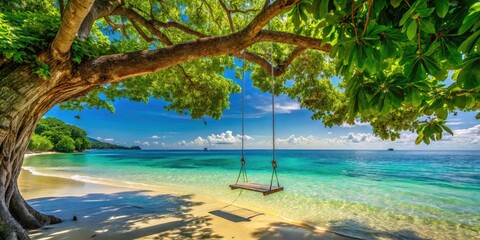 Serene Beach Swing Under Lush Greenery with Clear Blue Water â€“ Perfect Tropical Escape