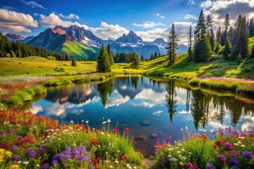 Naklejka premium Serene Mountain Meadow with Reflective Pond on a Sunny Day â€“ Aerial Photography of Lush Green Landscape, Tranquil Water, Scenic Nature, and Breathtaking Views for Nature Lovers