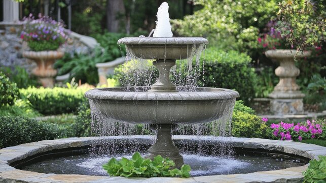 Stone fountain with cascading water in a lush garden.