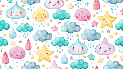 Charming Scandinavian clouds, raindrops, and stars dance playfully in a watercolor seamless pattern, perfect for baby fabrics.