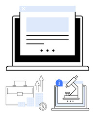 Laptop screen displaying analytical data next to icons of a microscope and financial growth. Ideal for technology, finance, scientific research, education, investments, business analysis