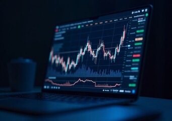 Dynamic trading chart displayed on a laptop screen at night illustrating market fluctuations