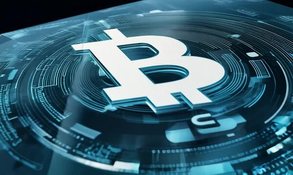 Futuristic bitcoin symbol on a glass cube.