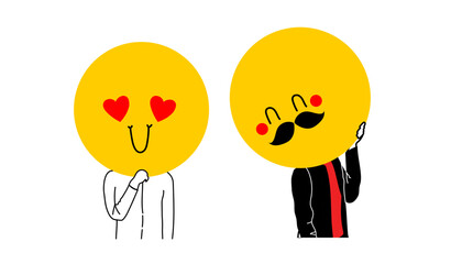 Young people holding large faces emoji instead of heads. Big round colorful heads with different facial expressions. Man showing like and love. Heart love emoji set. Social media emojis.