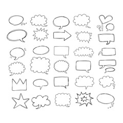  Speaking hand drawn doodle bubbles set. Talk clouds sketch frames. Speech thought Balloon shapes.