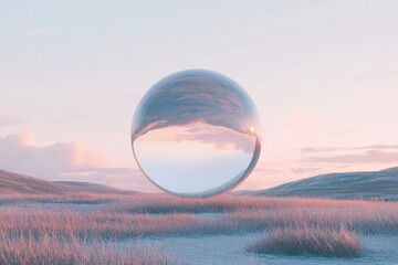 A reflective sphere stands in a serene landscape at sunset, creating a tranquil atmosphere.