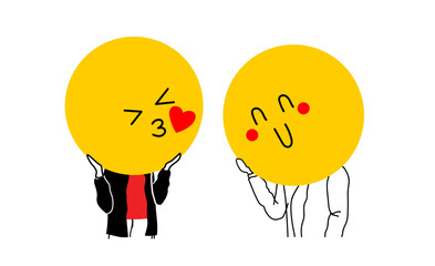 Young people holding large faces emoji instead of heads. Big round colorful heads with different facial expressions. Man showing like and love. Heart love emoji set. Social media emojis.
