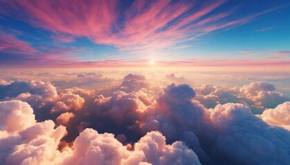 Magnificent aerial view of the sky during sunset showcasing a stunning cloudscape with soft pink hues blending into the serene blue sky, creating a breathtaking and peaceful atmosphere.