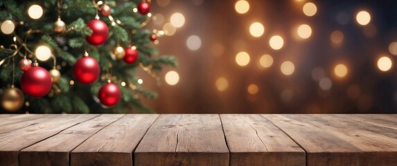 Empty Wooden Table Background Blurred New Year Theme