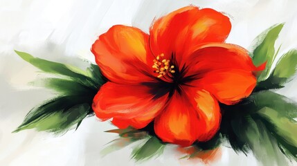 Obraz premium Bright red hibiscus flower painting with green leaves on a light background.