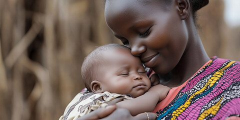 Obraz premium Happy young mum holding her sleeping infant child in hands.