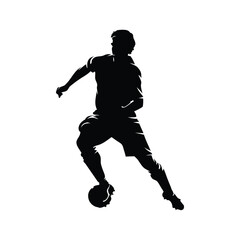 Fototapeta premium A man in a black shirt and shorts is kicking a soccer ball. He is running and kicking the ball with his right foot