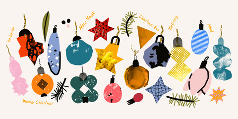 Holiday colorful set with Christmas elements for design including different toys and spruce tree branches. Vector collection