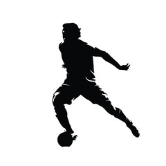 Naklejka premium A man in a black shirt and shorts is kicking a soccer ball. He is running and kicking the ball with his right foot