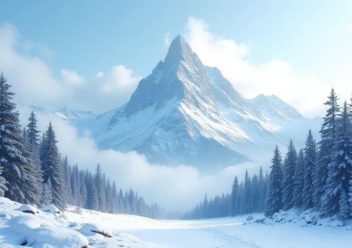 Majestic snow-covered mountain rises above tranquil winter landscape surrounded by evergreen trees