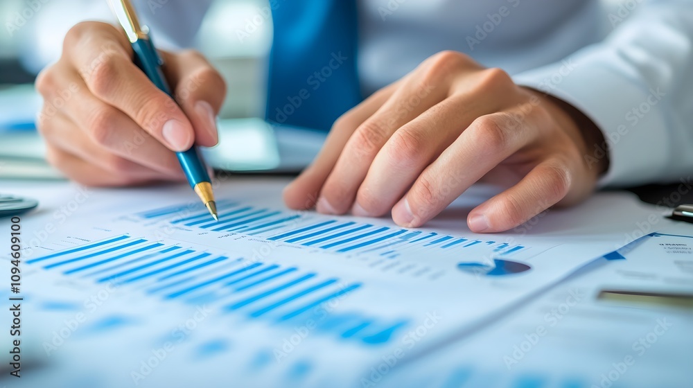 Poster analyzing business data trends office workspace document analysis professional environment close-up 