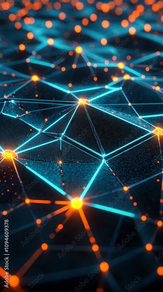 Aufkleber Abstract digital network with glowing nodes and connections, representing technology and data flow.