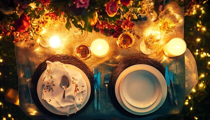 Fototapeta premium Romantic candlelit dinner table setting