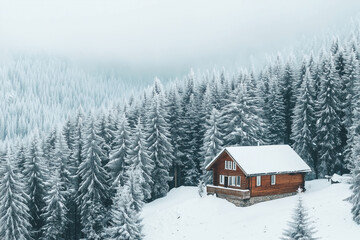 Small mountain cabin surrounded by snow-covered pine trees. Generative AI