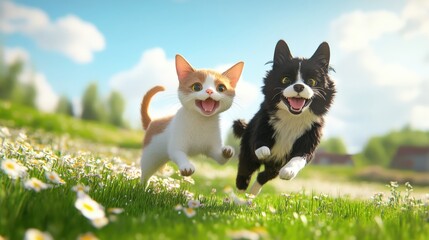 Happy kitten and puppy running through sunny field