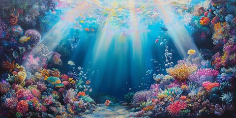 Fototapeta premium High-angle view of a vibrant underwater utopia, iridescent coral reefs teeming with exotic sea life, illuminated by surreal, ethereal light beams, oil painting style