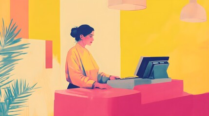 Customer service interaction modern retail space illustration bright environment frontal view professionalism in action