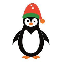 A Cute Christmas Penguin wearing a Santa clause hat and scarf Vector Silhouette Isolated on a Transparent background