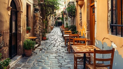 Fototapeta premium A charming cobblestone alleyway with outdoor dining tables, adorned with plants and a warm, inviting atmosphere.
