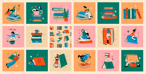 Book concepts set. Happy readers reading books and flying, laying , sitting everywhere. Flat trendy retro vector illustrations isolated on white background
