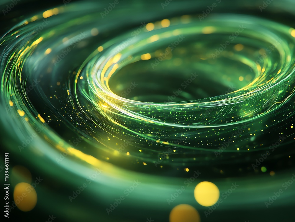 Poster Abstract swirling green and gold patterns with glowing particles.