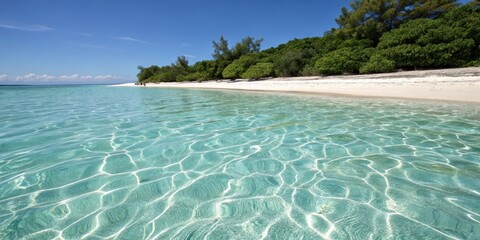 Fototapeta premium Serene coastal scene of a pristine beach with crystal-clear turquoise water and lush tropical vegetation