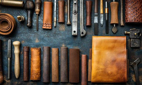 Tools and leather pieces arranged for crafting.