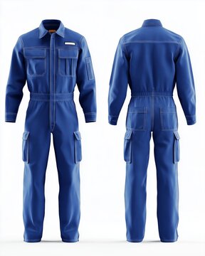 Blue coveralls, front and back views, showing workwear uniform