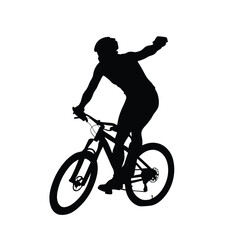 Naklejka premium A man is riding a bicycle. He is wearing a helmet. He is giving a thumbs up